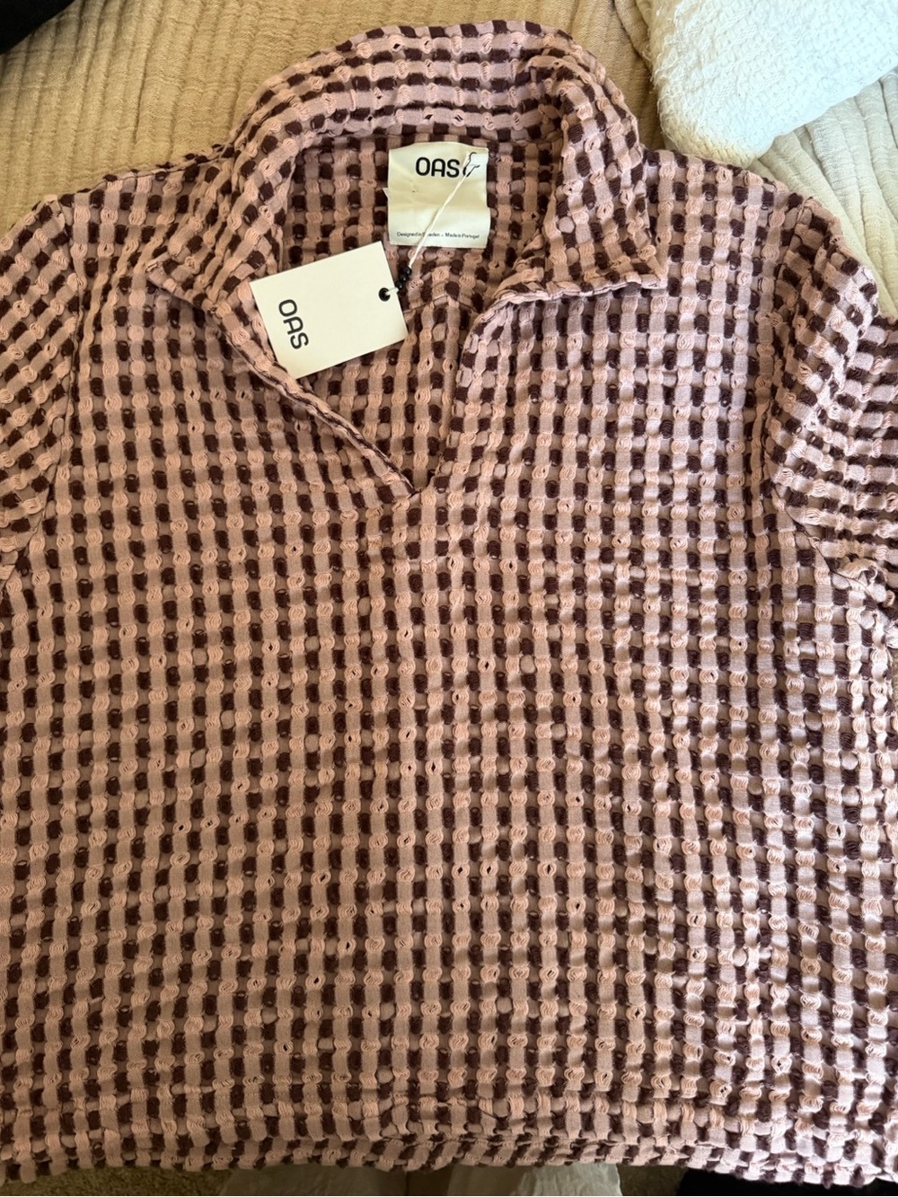 OAS Pink & Brown Waffle Knit Collared Top